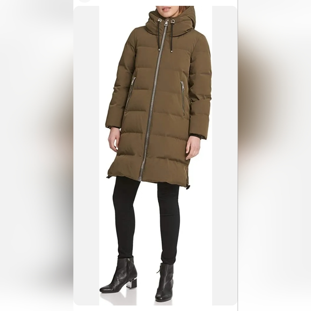 NWOT DKNY Down Hooded Quilted Parka Coat Puffer XS Green:Loden Green Midi Puffer